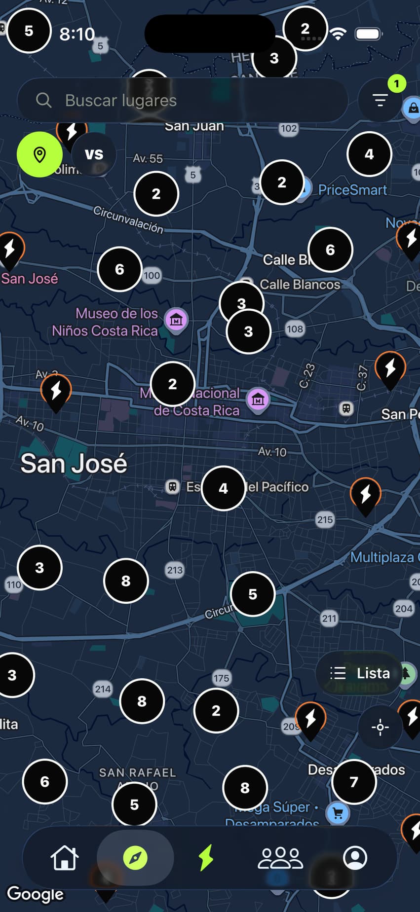 Map in the RETO app, shown in Spanish, with venues around San José